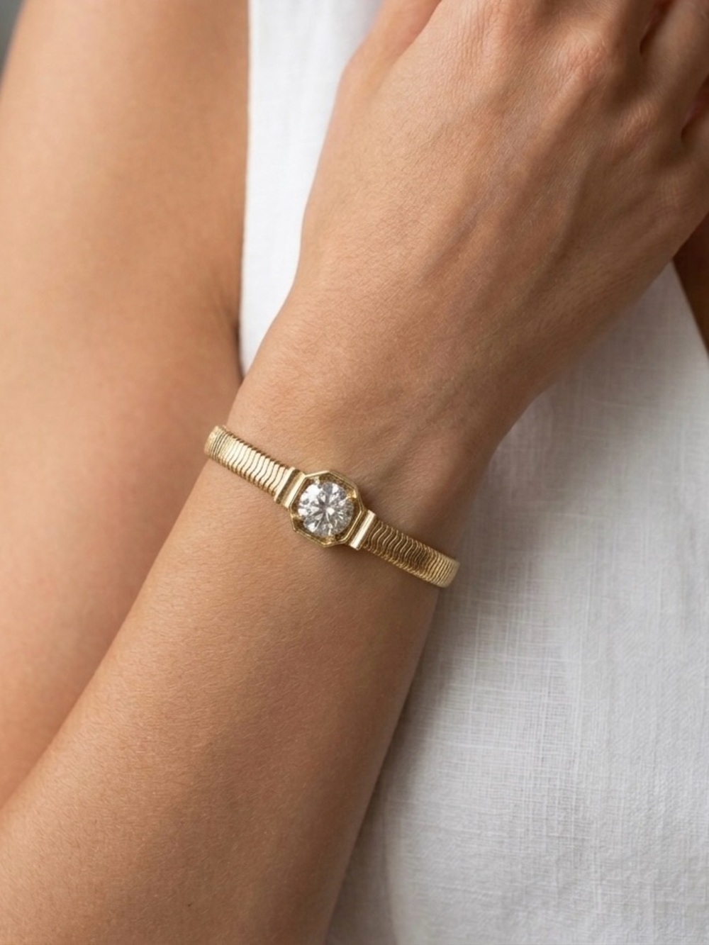 14K Gold Plated Herringbone Chain Bracelet w/ CZ Octagon Charm | Elegant Jewelry